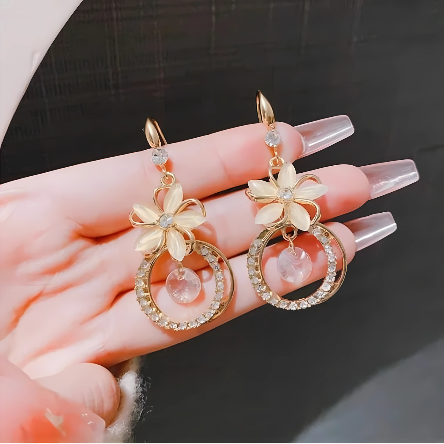 Gold Tone White Flower Crystal Circle Dangles Party Wear Earrings