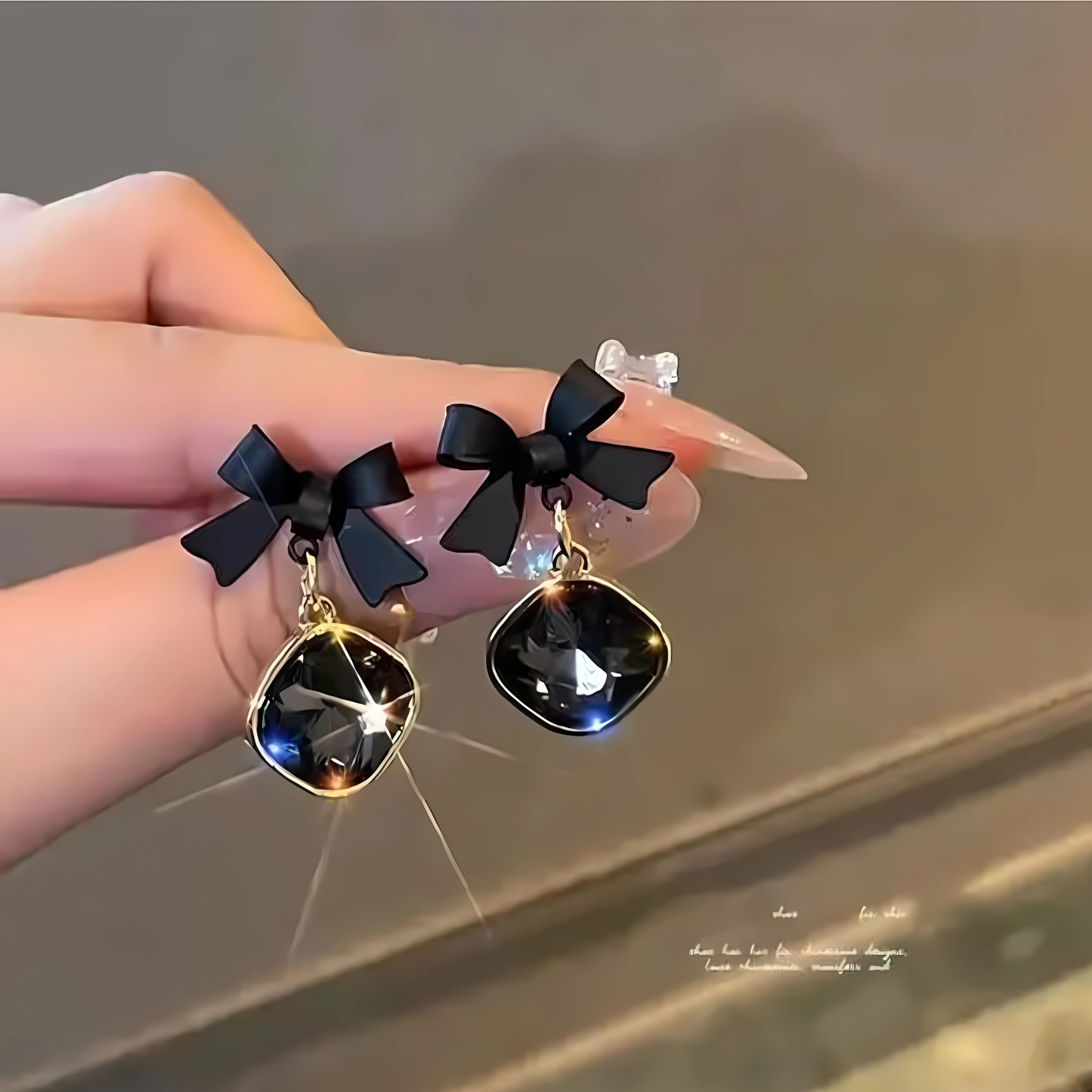 Gold Tone Black Faceted Crystal Bow Korean Style Earrings