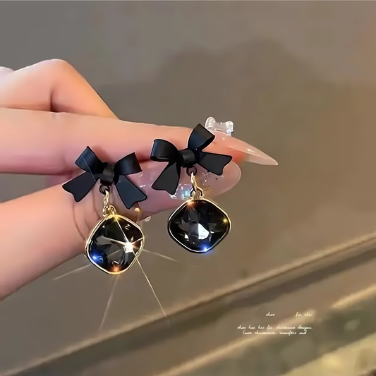 Gold Tone Black Faceted Crystal Bow Korean Style Earrings