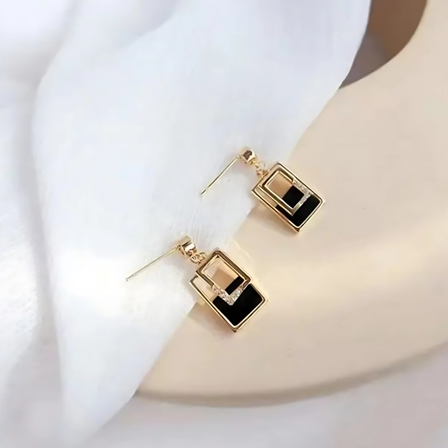 Gold Tone Open Frame Black Rectangle Earrings