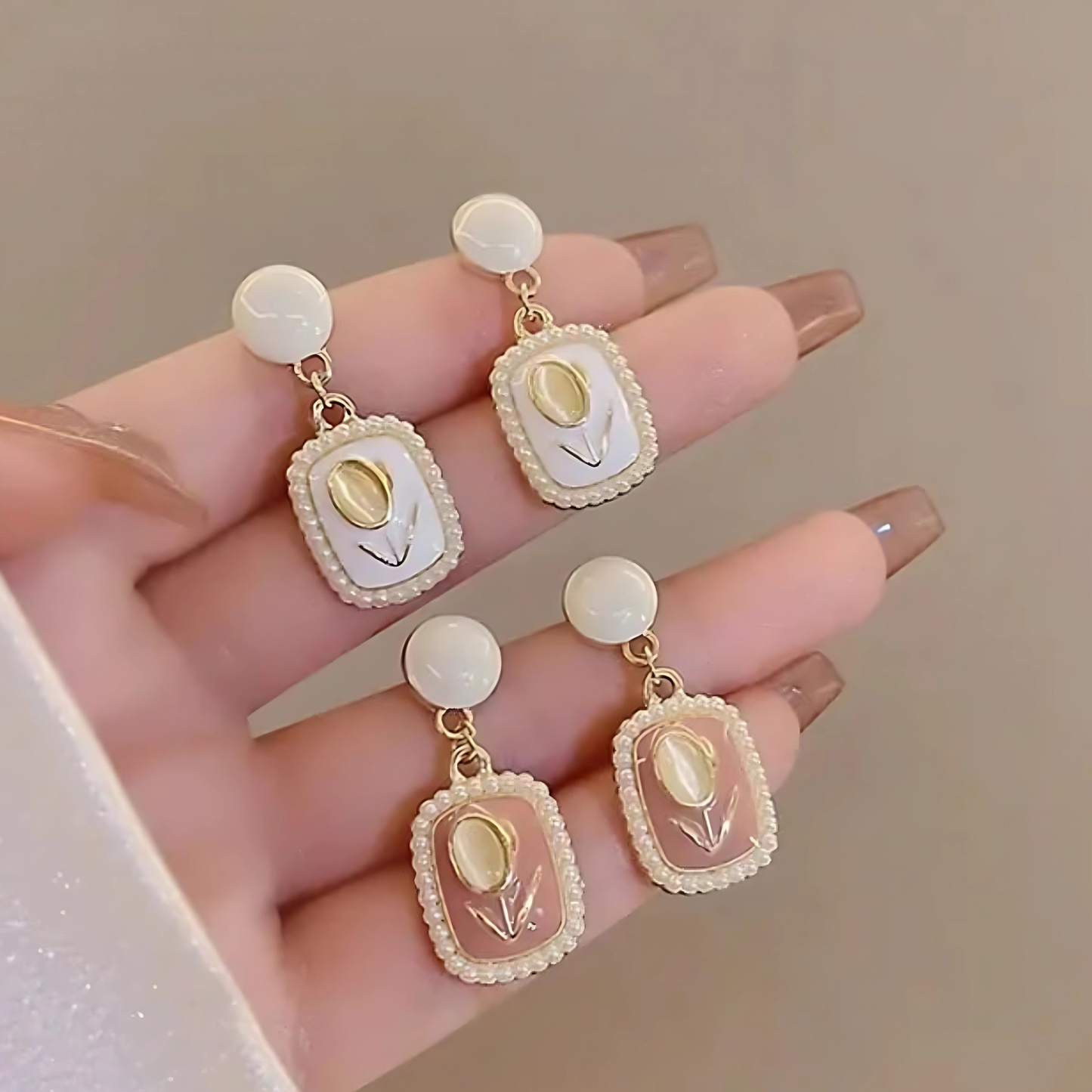 Gold Tone White Pink Tulip Drop Korean Style Earrings