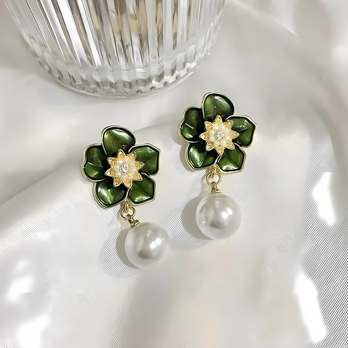 Gold Tone Green Enamel Flower Pearl Dangles