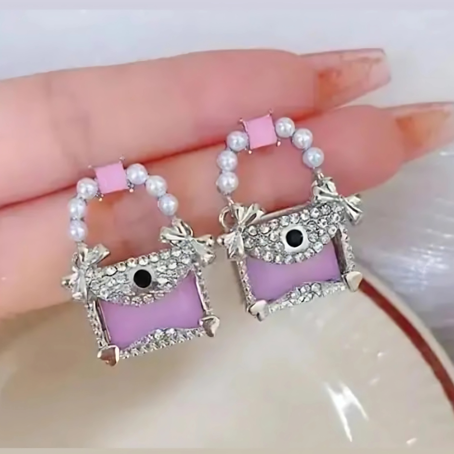 Silver Tone Pink Crystal Purse Pearl Dangles