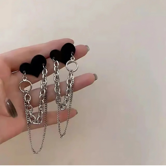 Punk Black Heart Chain Earrings