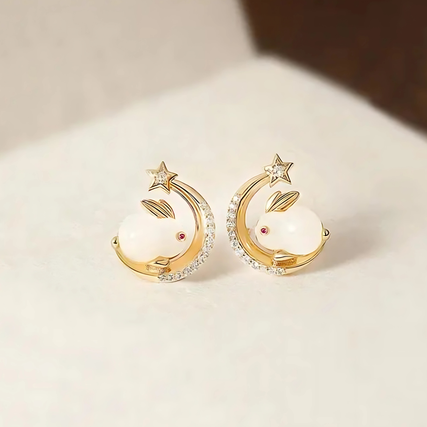 Gold Tone White Jade Rabbit Moon Studs