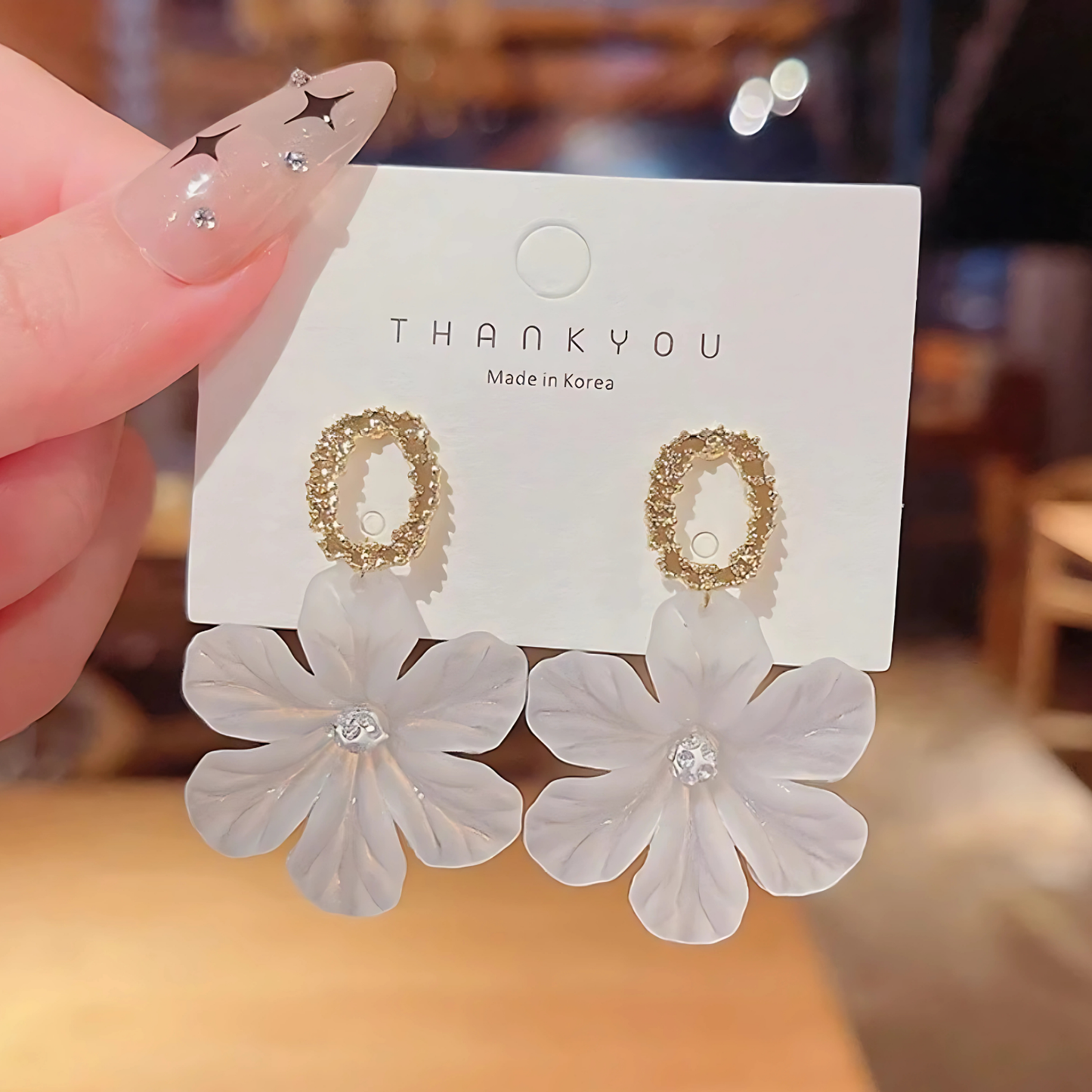 Gold Tone White Petal Flower Dangles