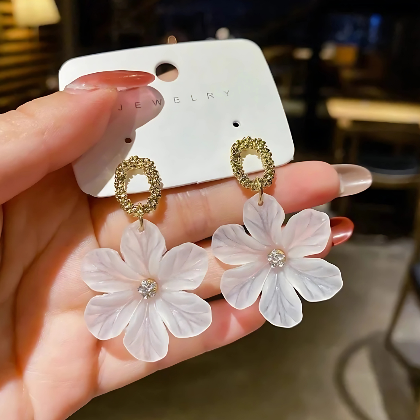 Gold Tone White Petal Flower Dangles