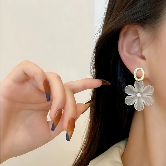 Gold Tone White Petal Flower Dangles