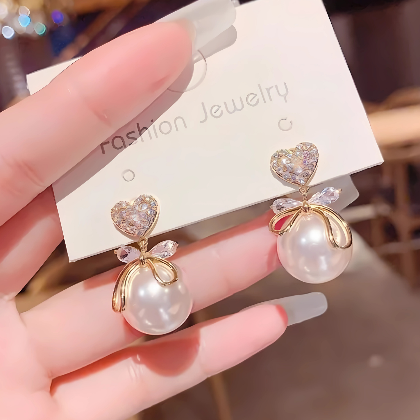 Gold Tone Crystal Heart Bow Pearl Dangles