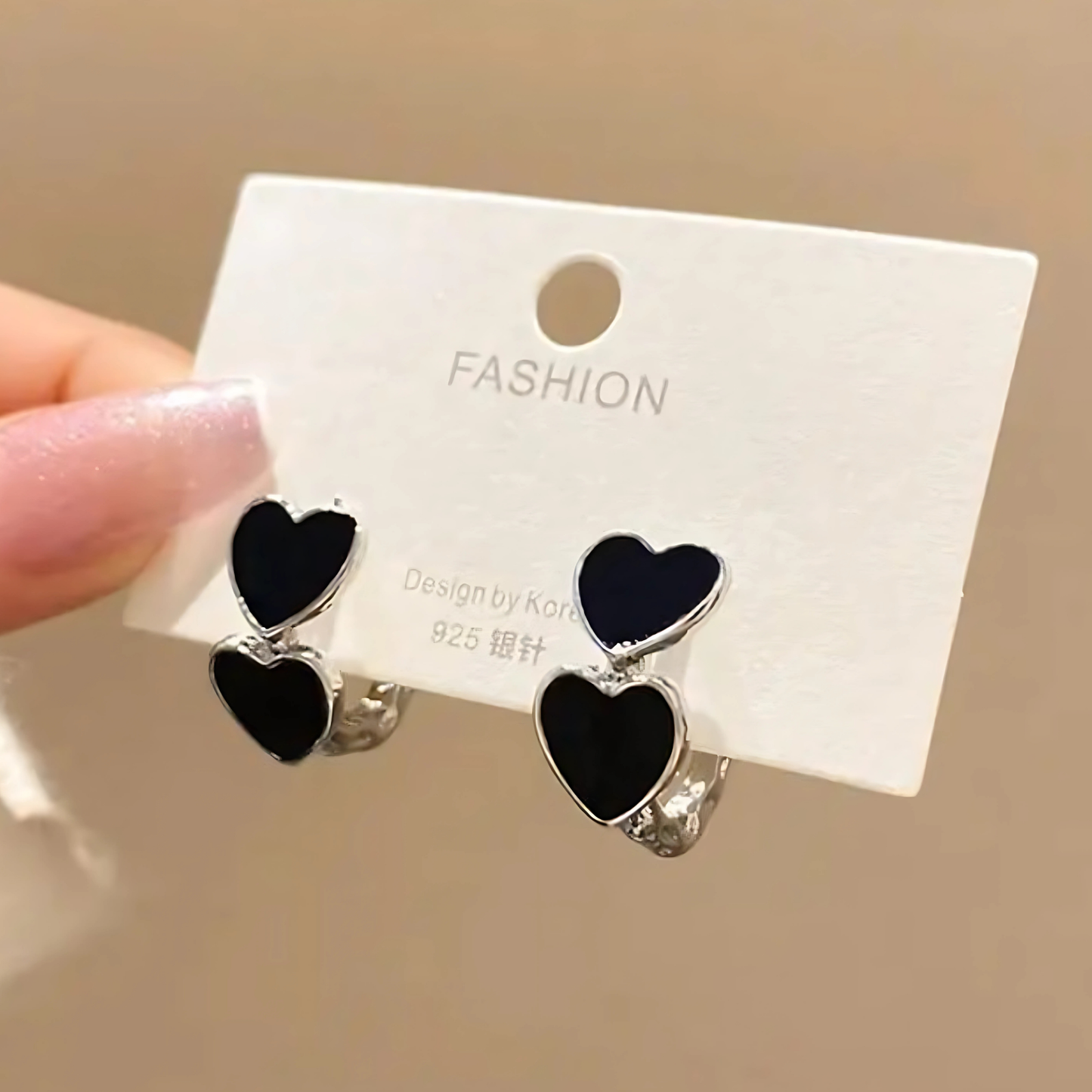 Silver Tone Black Enamel Double Heart Hoops