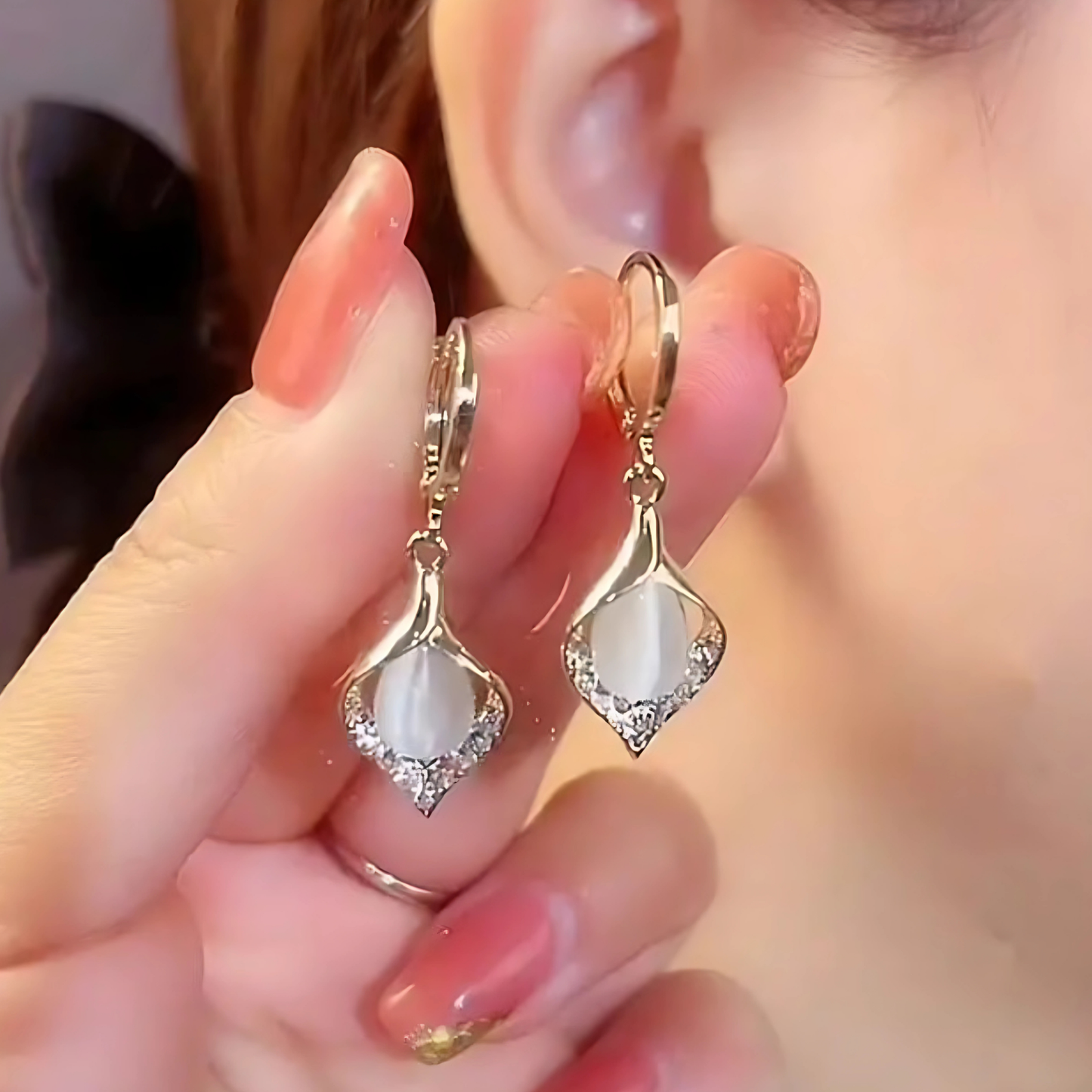 Gold Tone White Opal Moonstone Crystal Dangles