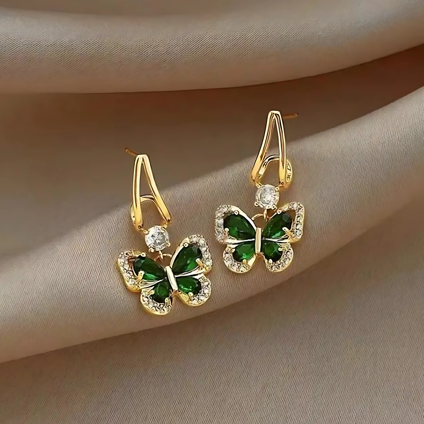 Gold Tone Emerald Green Crystal Butterfly Dangles