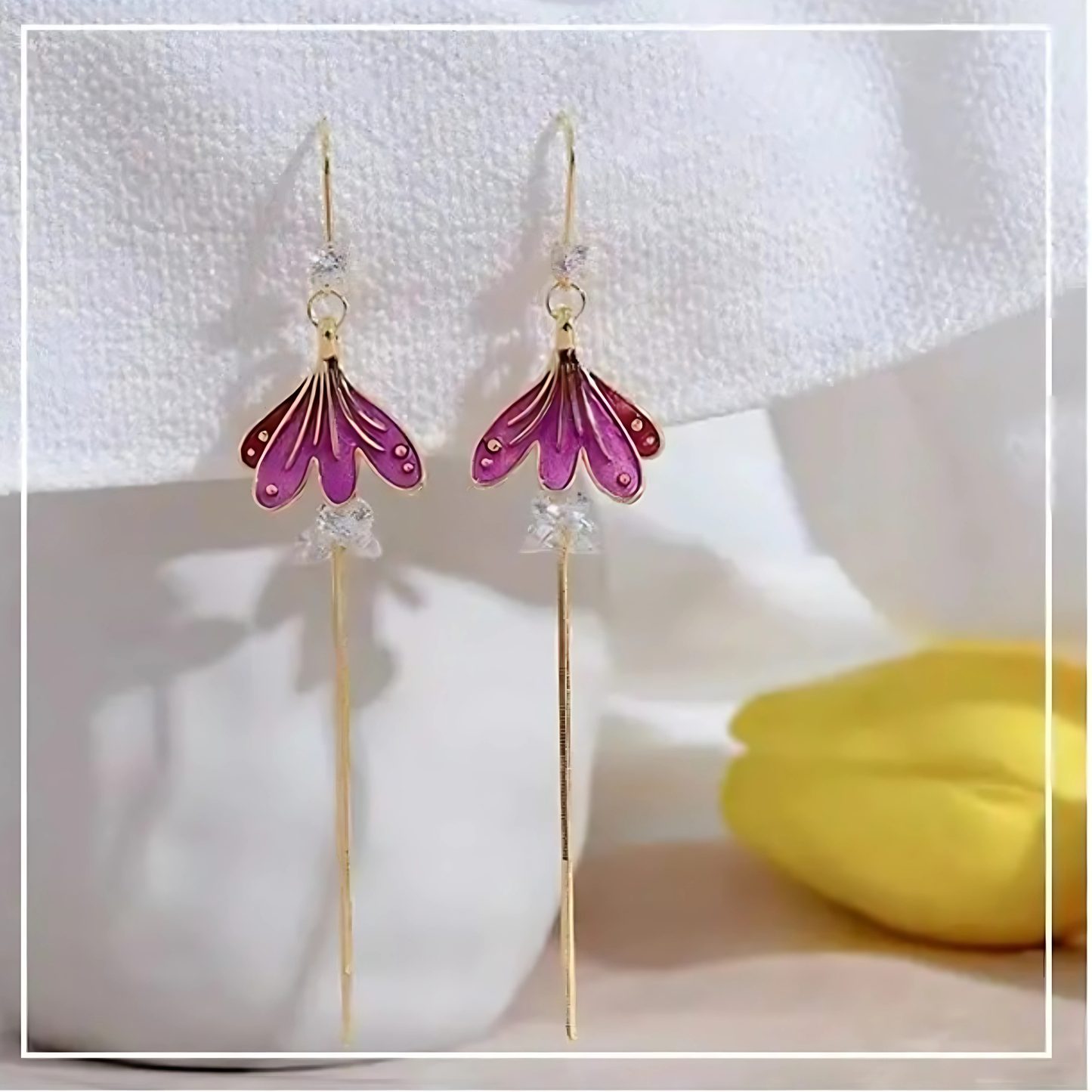 Gold Tone Purple Enamel Flower Tassel Earrings