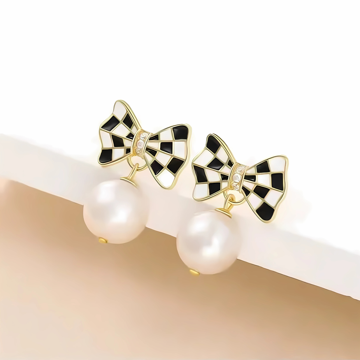 Gold Tone Black White Check Bow Pearl Drop Earrings