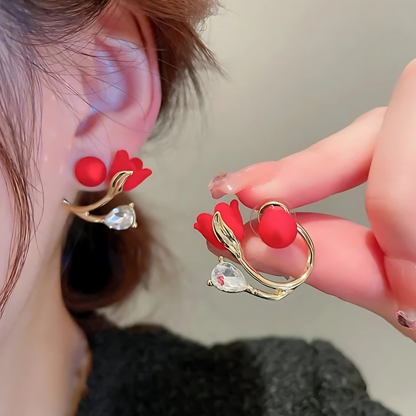 Sparkling Red Rose Stud Earrings