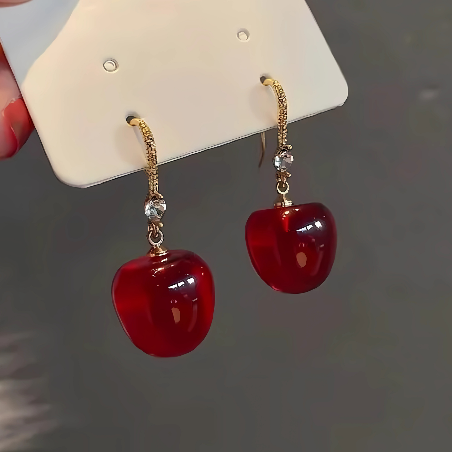 Gold Tone Red Acrylic Cherry Dangles