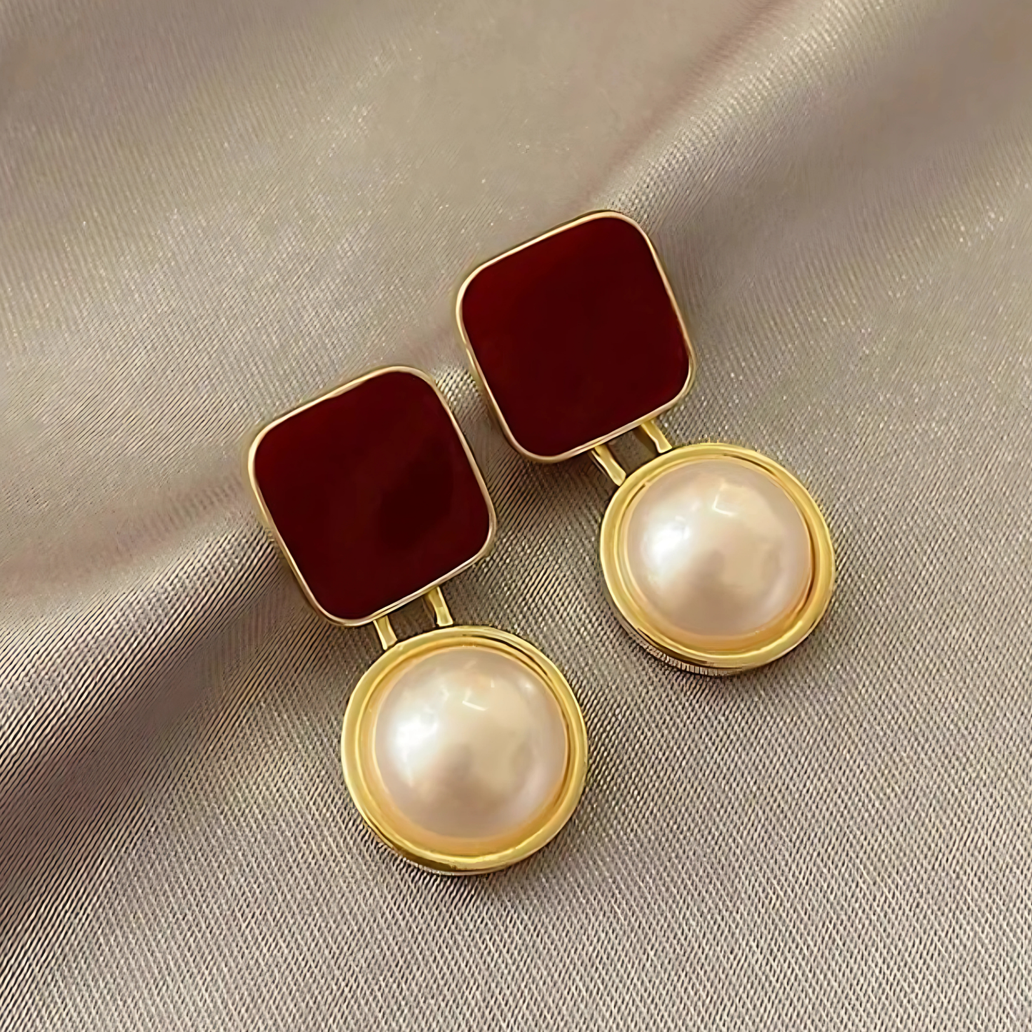 Gold Tone Red Enamel Pearl Drop Earrings
