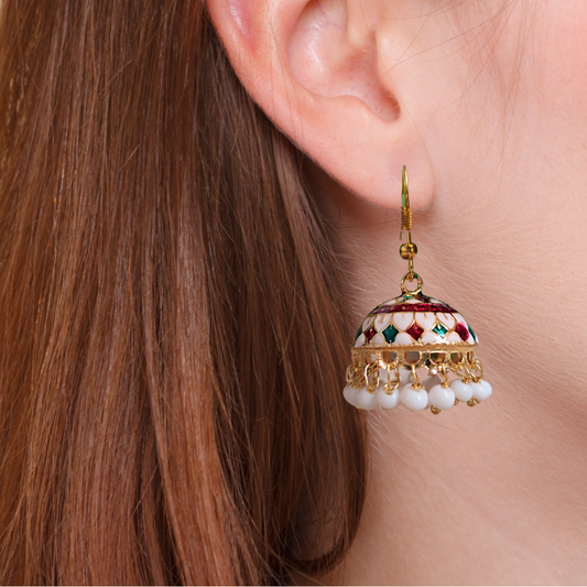 Vibrant Meenakari Jhumki: White, Green, Red for Daily Wear