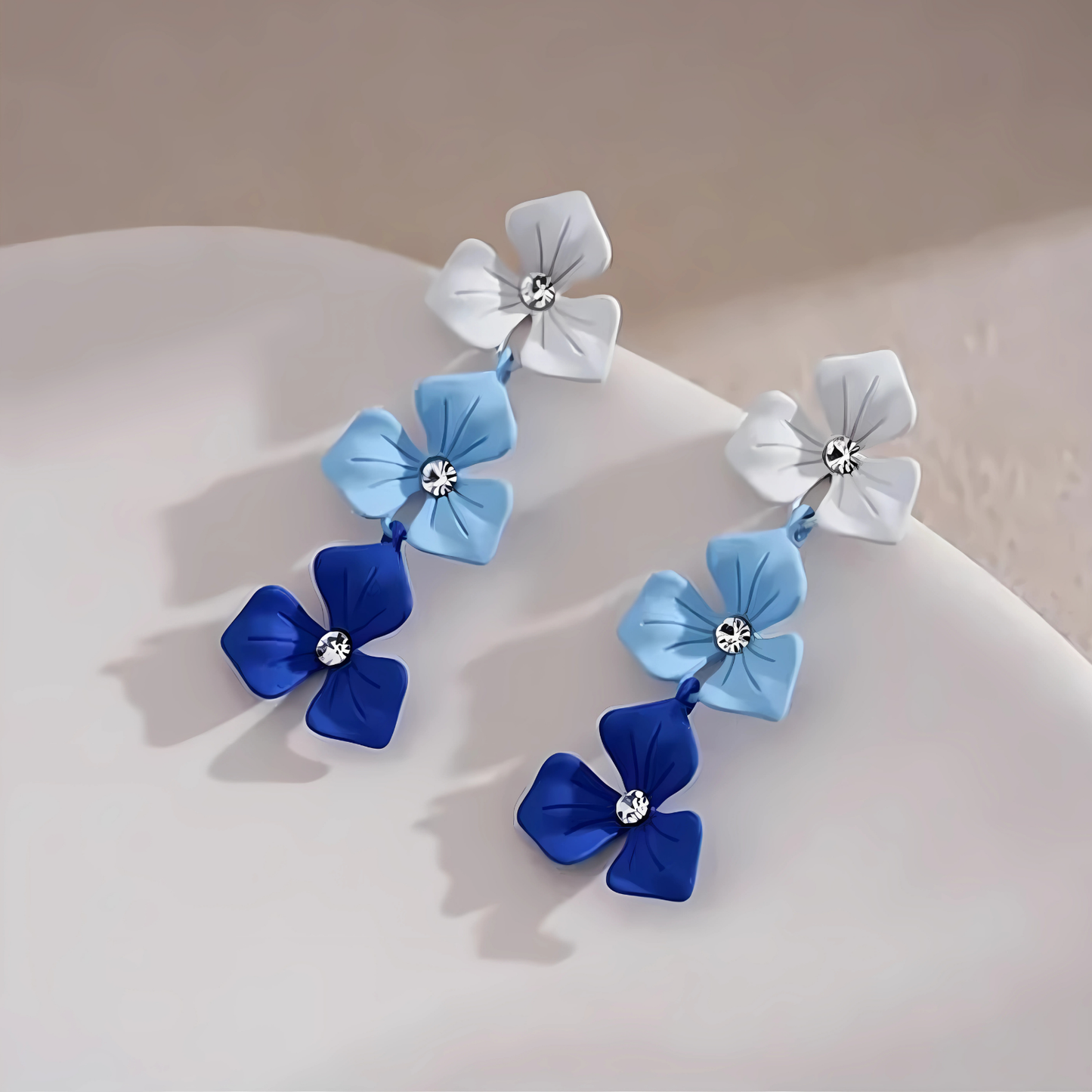 Blue and White 3 Layered Floral Drop Earrings