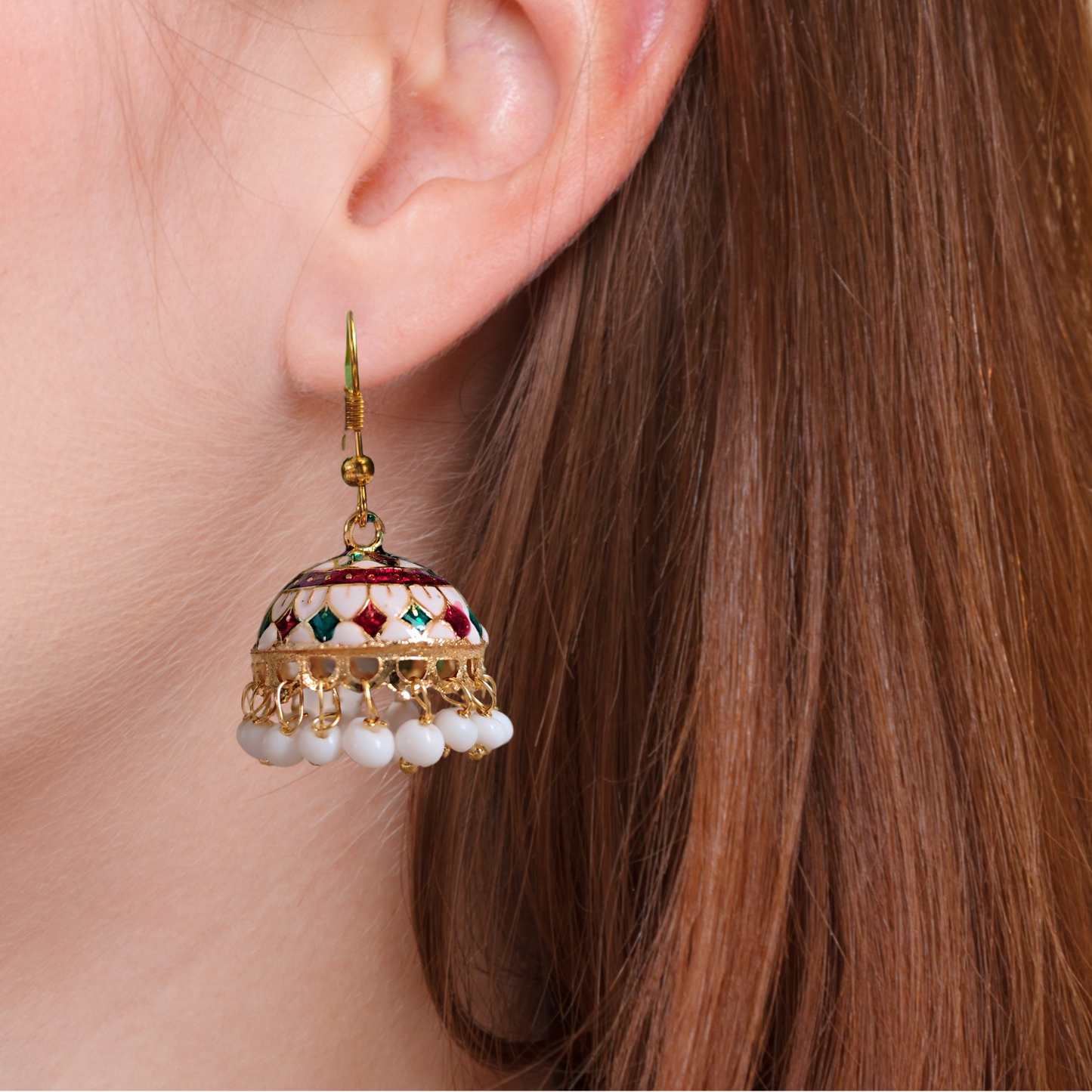 Vibrant Meenakari Jhumki: White, Green, Red for Daily Wear