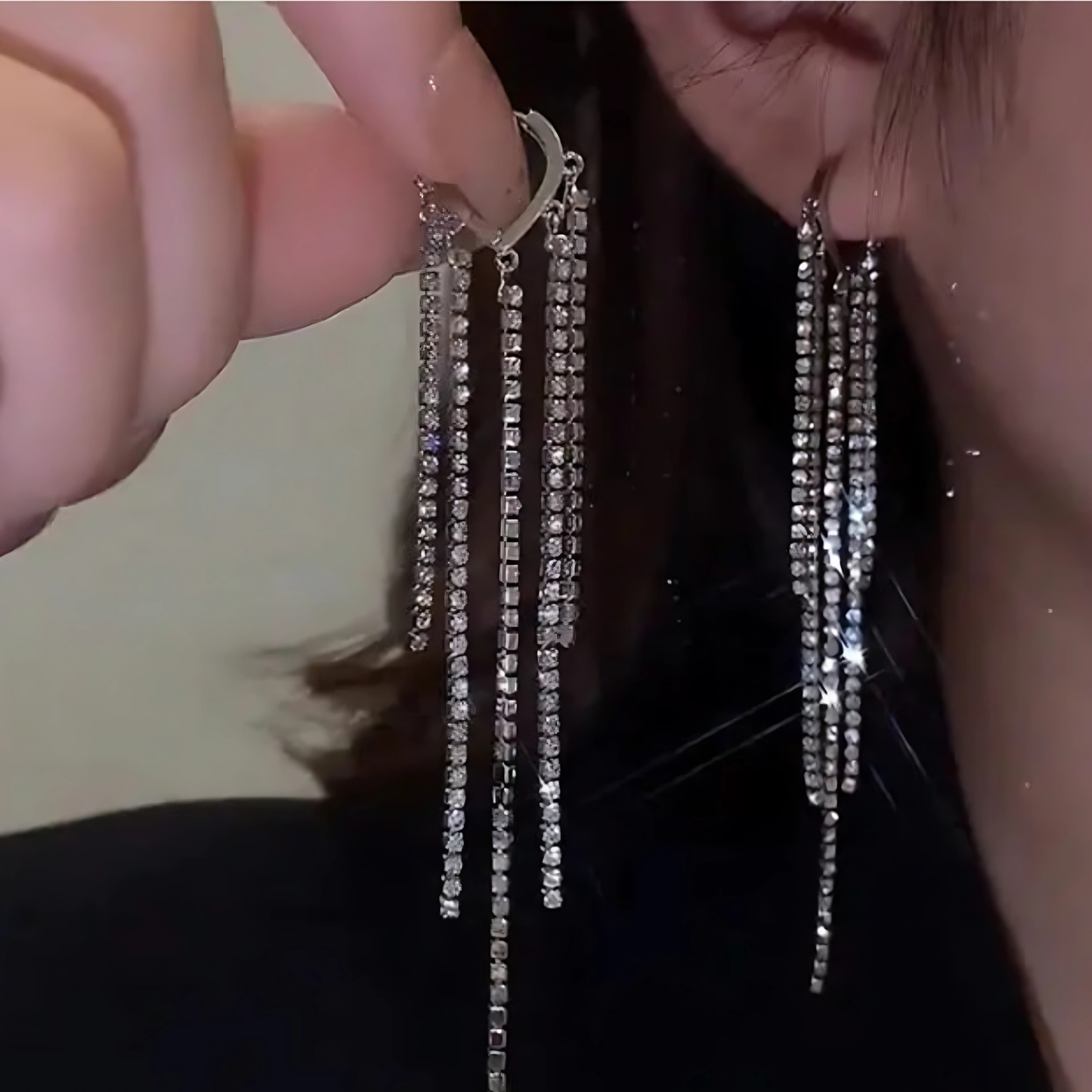 Silver Tone Multi Strand Rhinestone Tassels