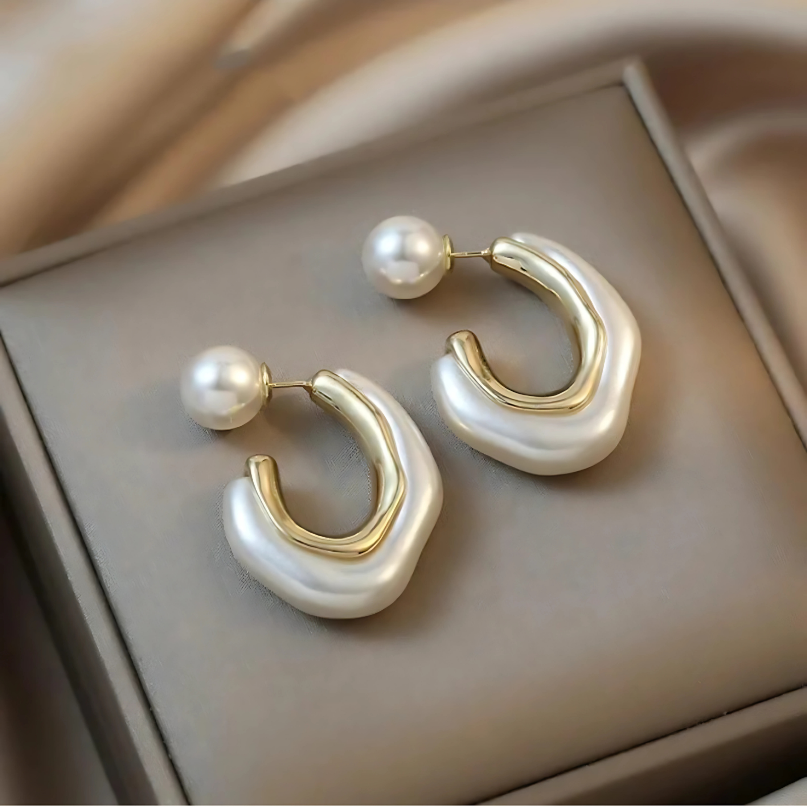 Elegant Gold Tone White Irregular Shape Pearl Earrings