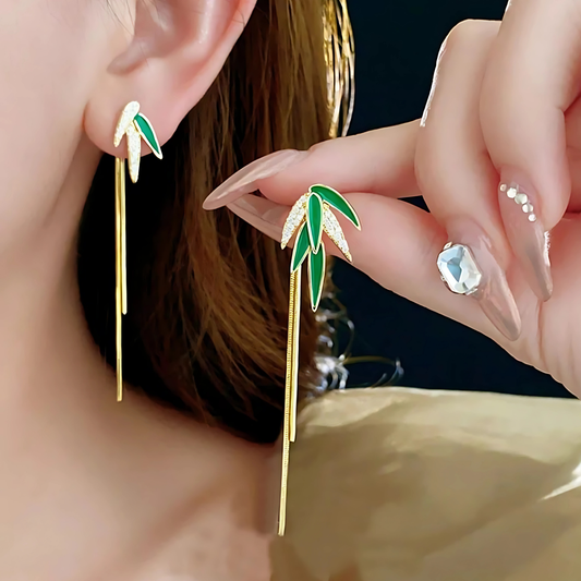 Gold Tone Green Enamel Leaf Tassel Earrings