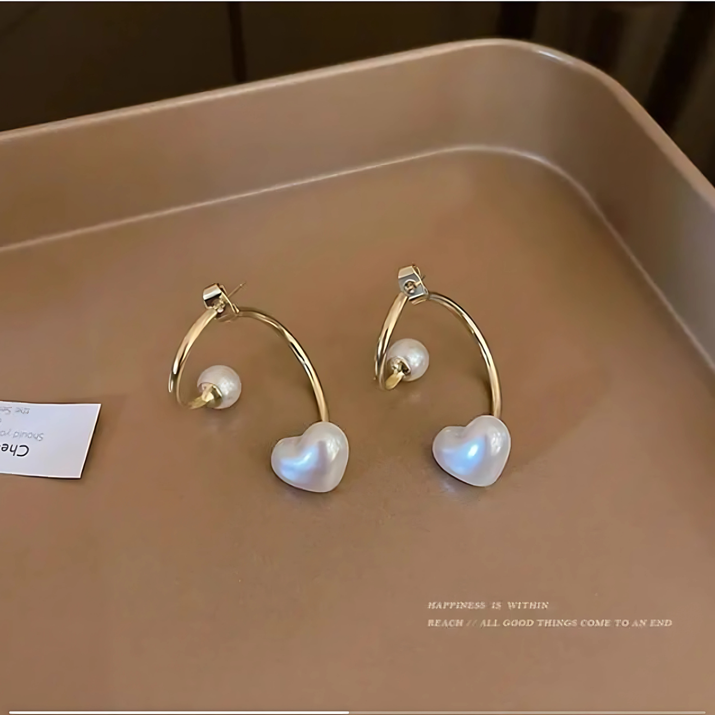 Gold Tone Pearlescent Heart Hoop Earrings