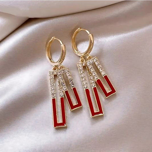 Gold Tone Red Enamel Crystal Rectangle Dangles
