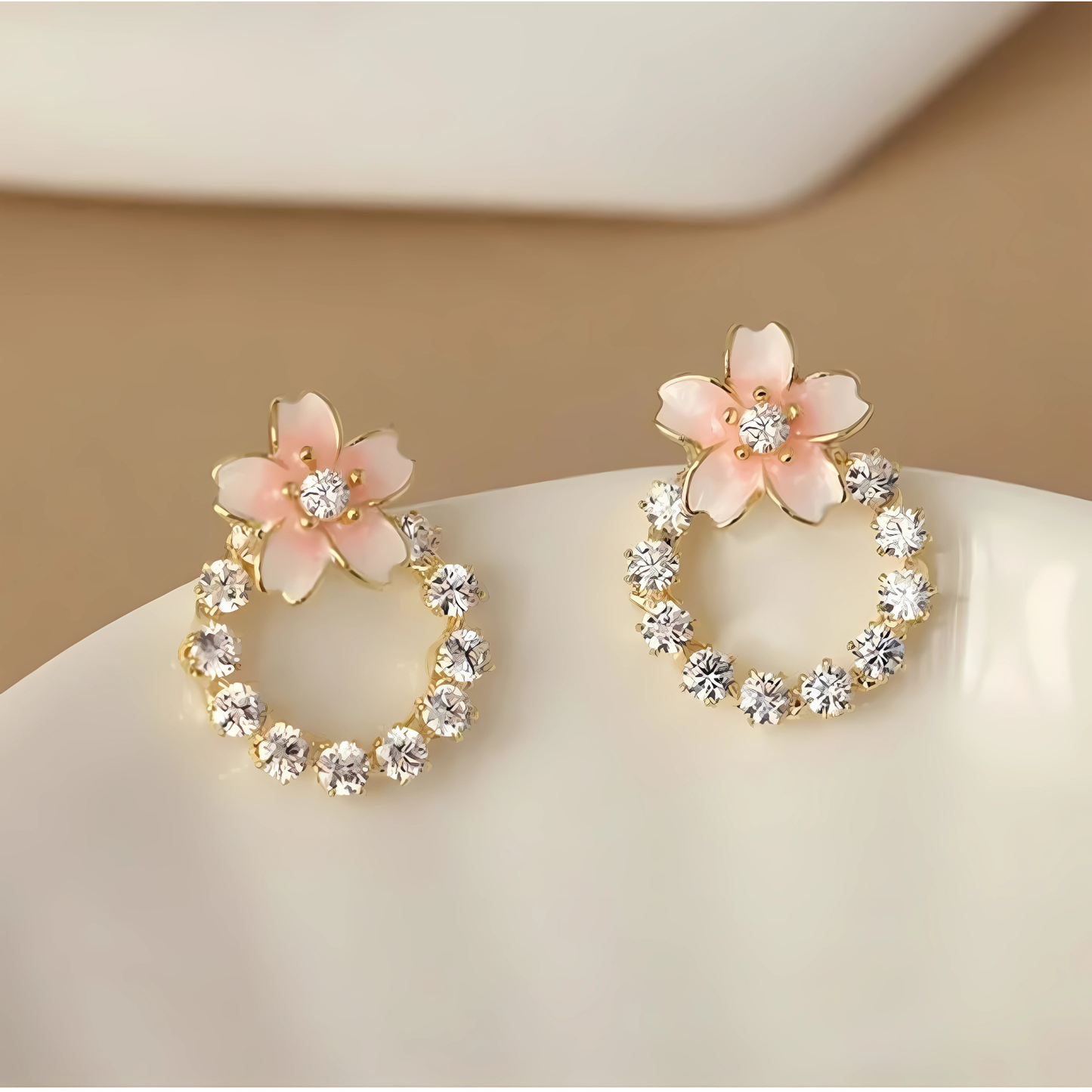 Gold Tone Light Pink Flower Crystal Circle Studs