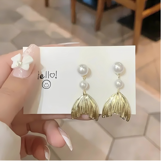 Unique Gold Tone Layered Fishtail Pearl Drop Earrings