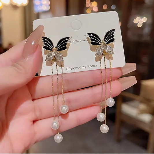 Gold Tone Black Crystal Butterfly Pearl Dangles