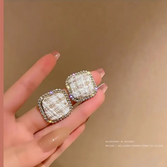 Gold Tone Cream Tweed Crystal Trim Square Studs