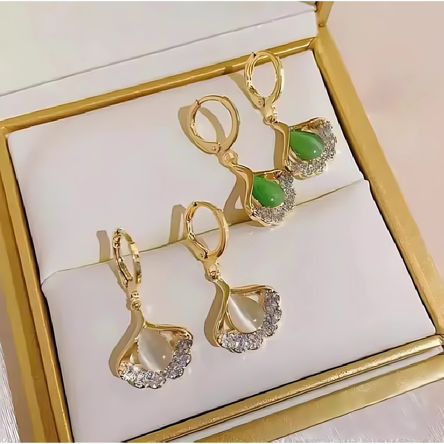 Gold Tone Rhinestone Ginkgo Leaf Dangles