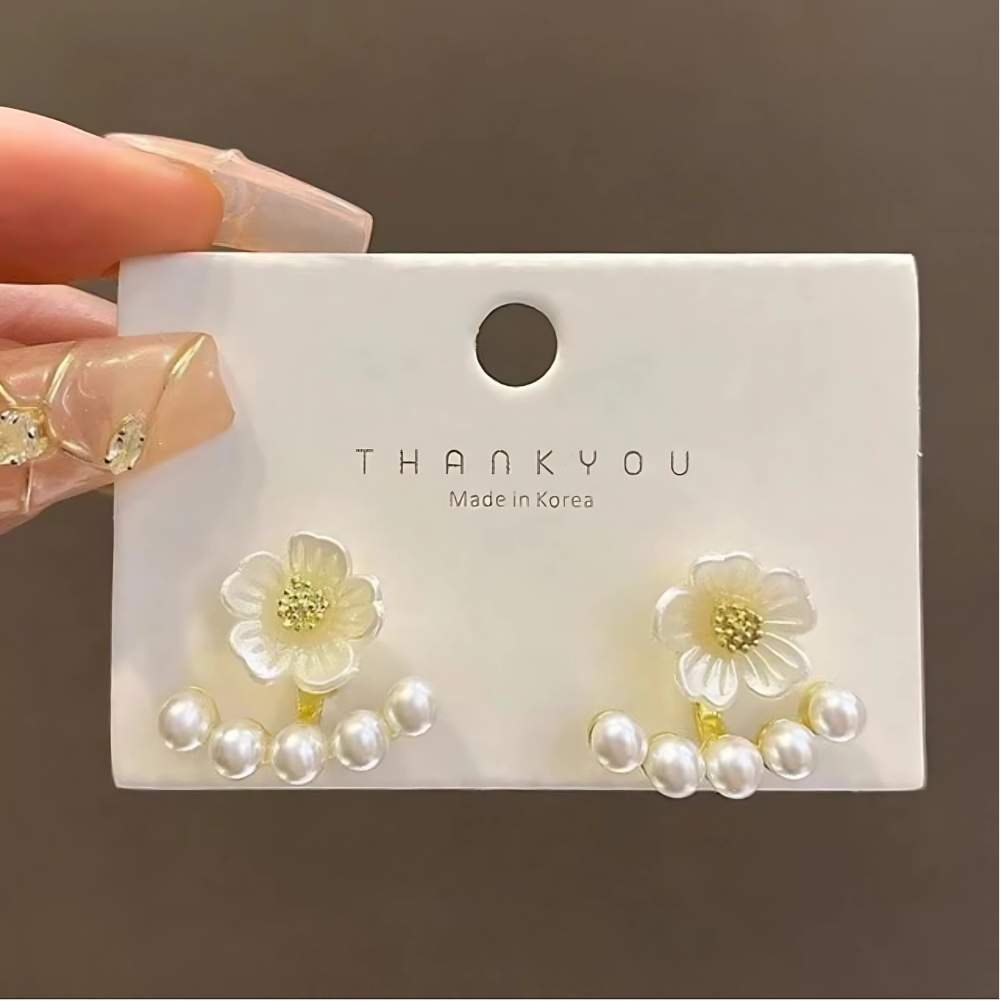 Gold Tone White Petal Flower Pearl Studs