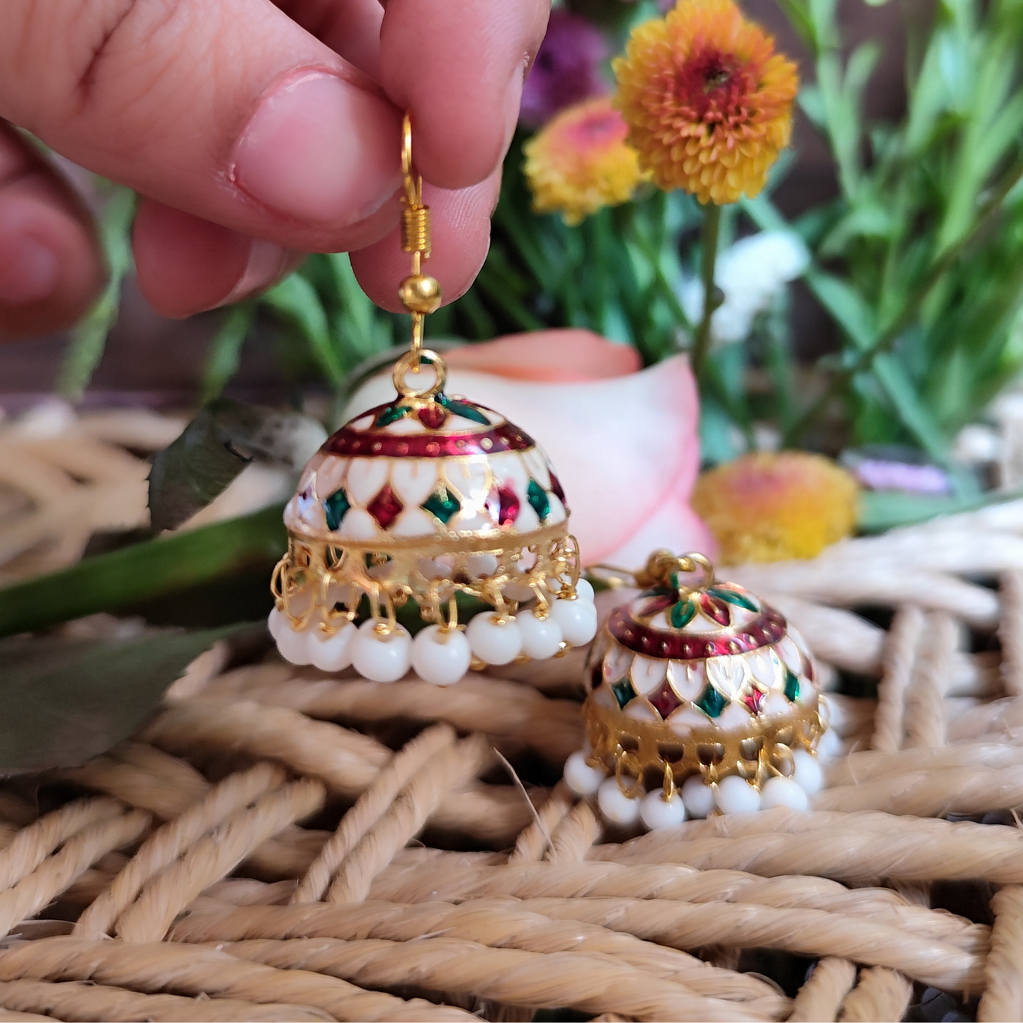 Vibrant Meenakari Jhumki: White, Green, Red for Daily Wear