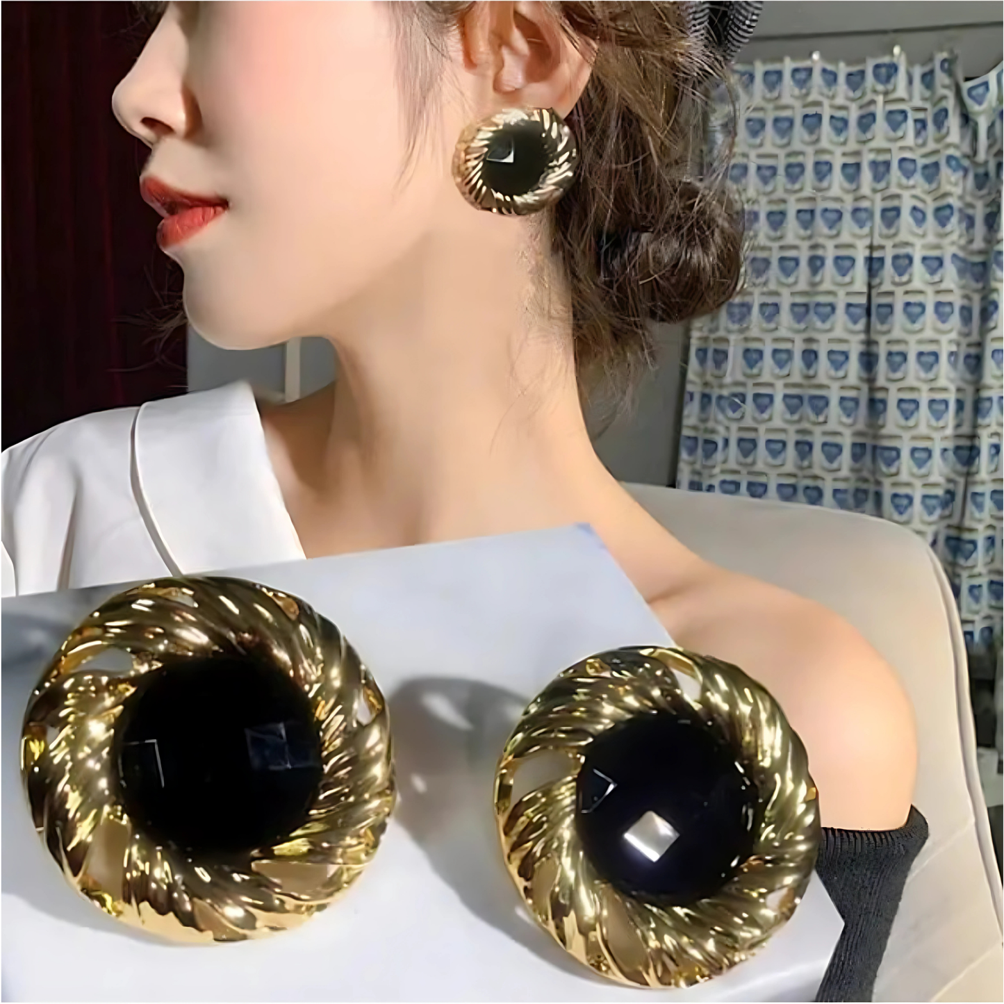 Stylish Gold Tone Twisted Edge Black Center Studs