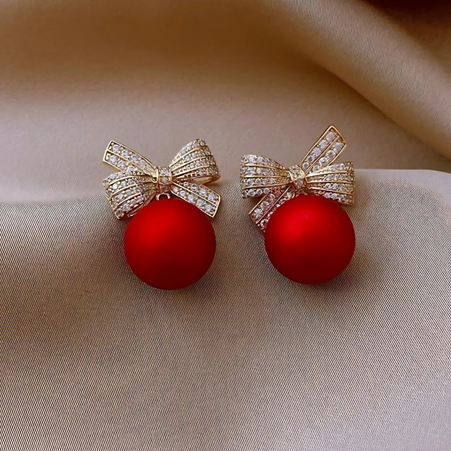 Red Trendy Gold Tone Crystal Bow Red Ball Dangles