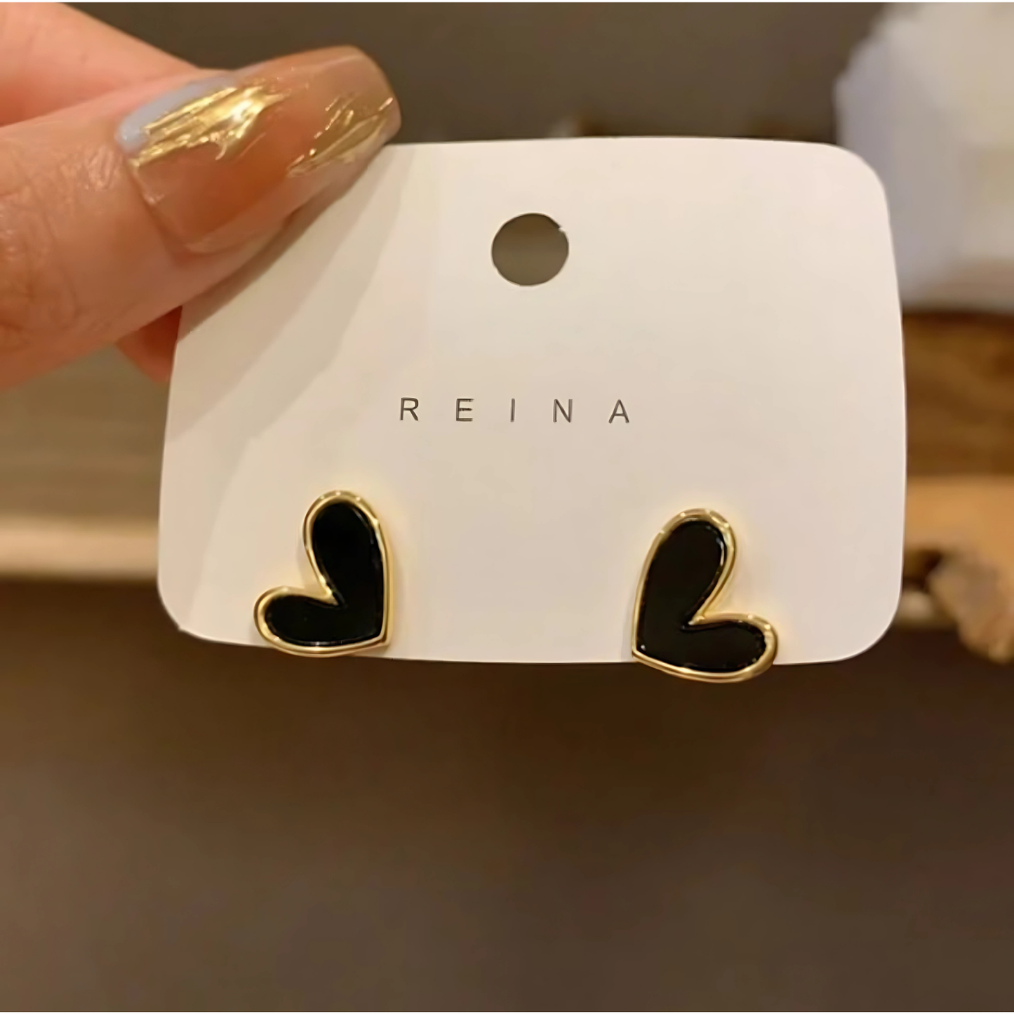 Stunning Gold Tone Black Enamel Heart Studs