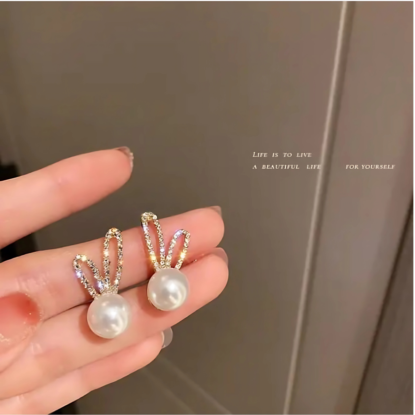 Silver Tone Crystal Bunny Pearl Studs