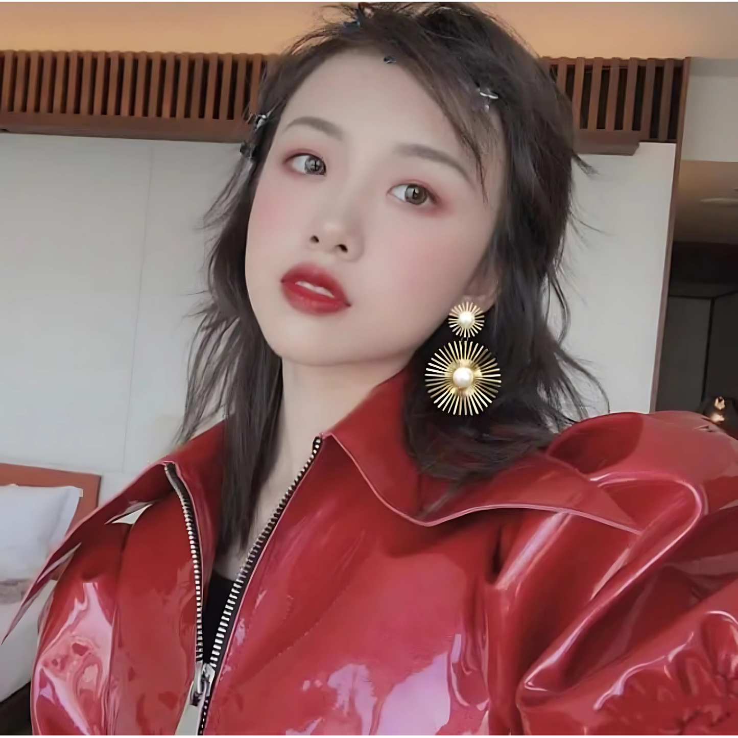 Gold Tone Spiked Sunburst Pearl Drop Earrings