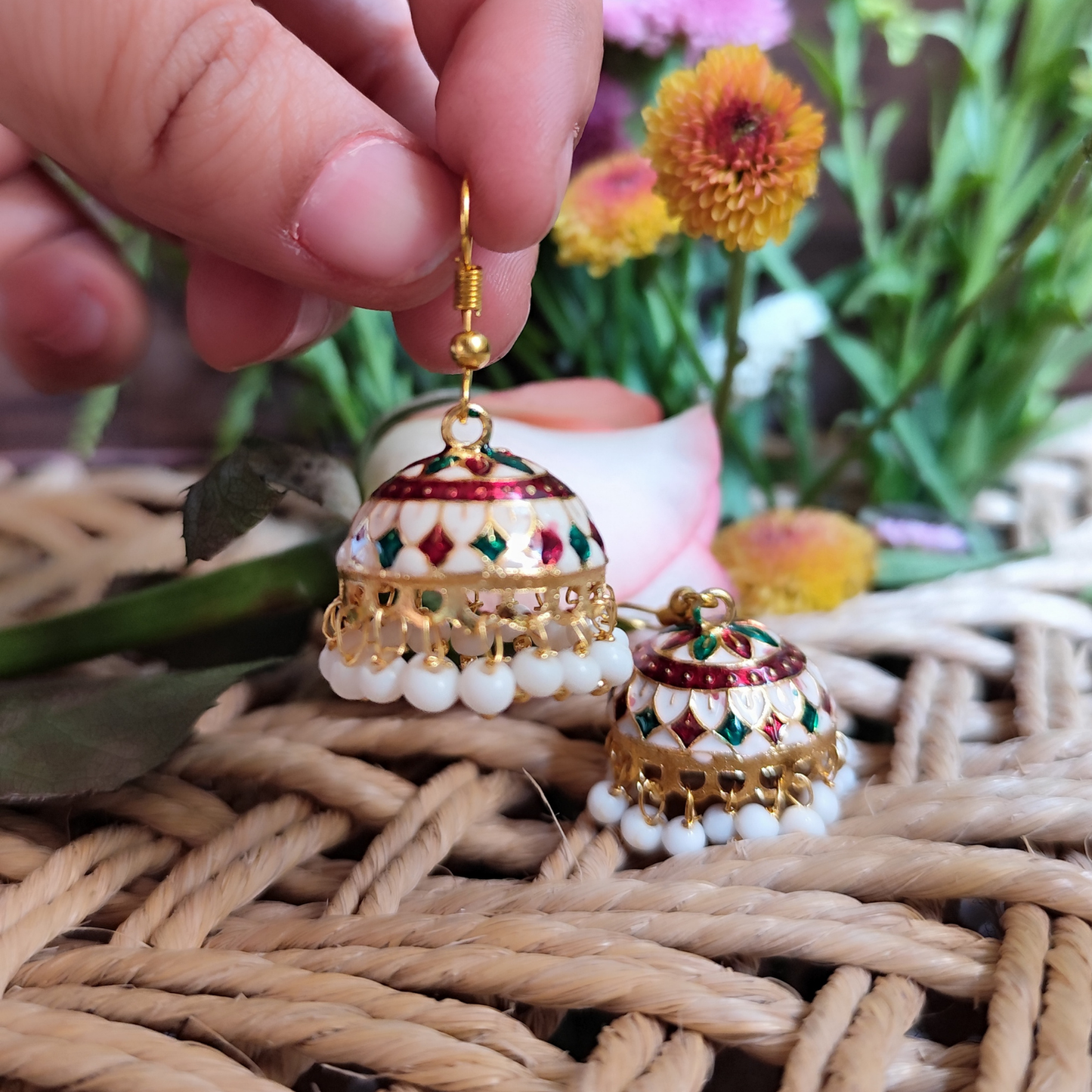 Vibrant Meenakari Jhumki: White, Green, Red for Daily Wear