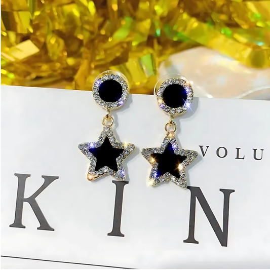 Elegant Gold Tone Black Enamel Rhinestone Star Dangles