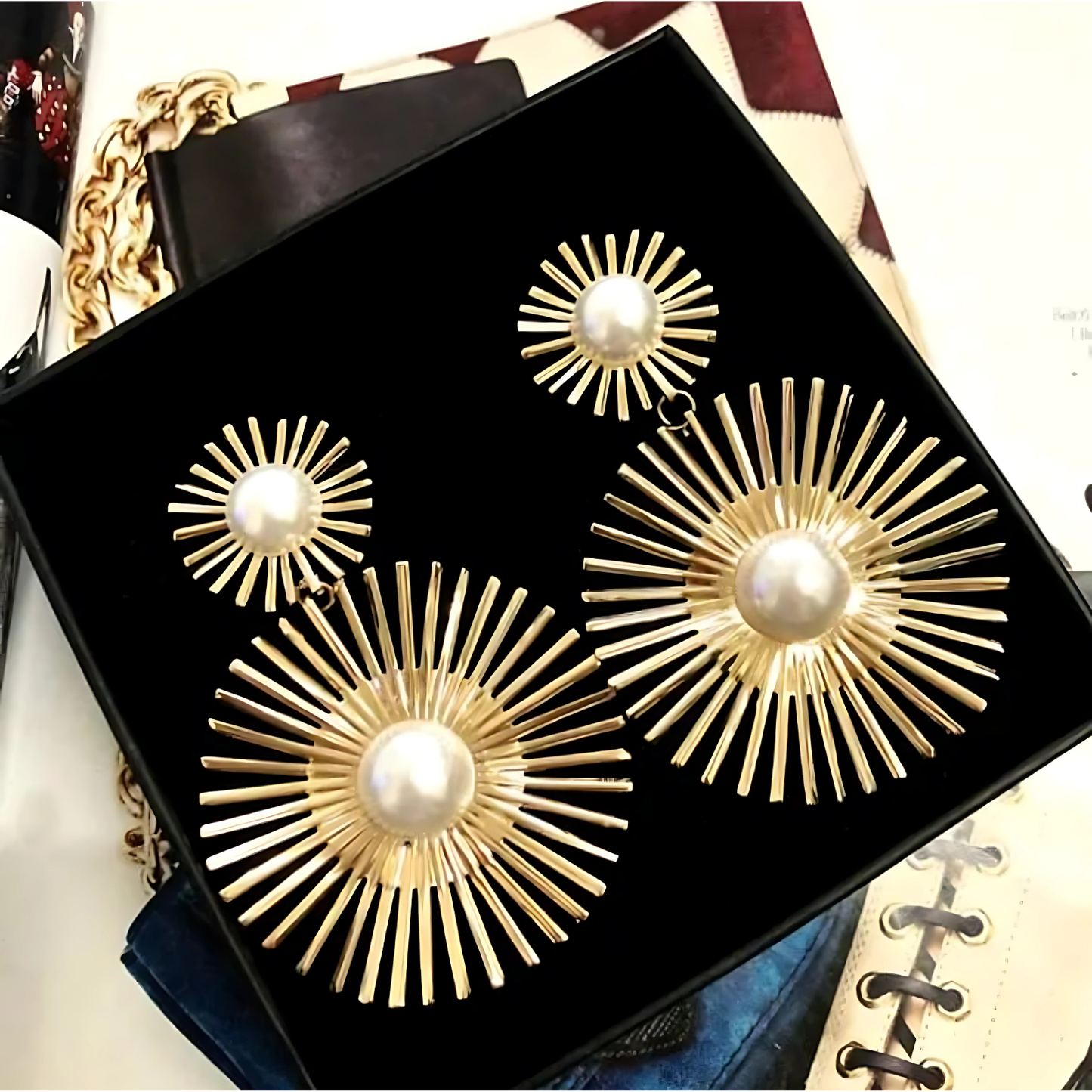 Gold Tone Spiked Sunburst Pearl Drop Earrings