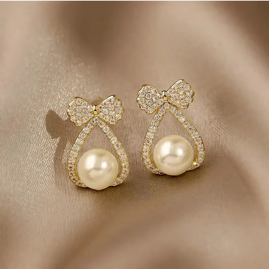 Gold Tone Crystal Bow Pearl Drop Earrings