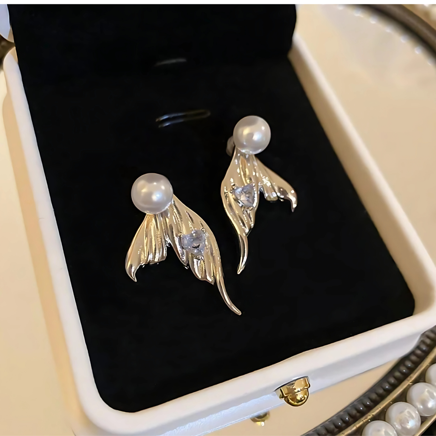 Stunning Silver Tone Crystal Mermaid Tail Pearl Studs