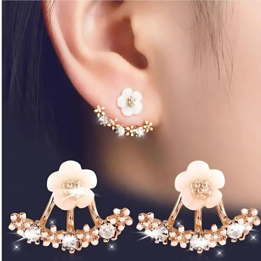 Elegant Rose Gold Tone White Petal Flower Crystal Ear Jackets
