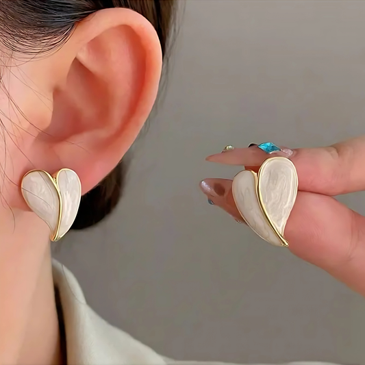 Gold Tone Iridescent White Heart Studs