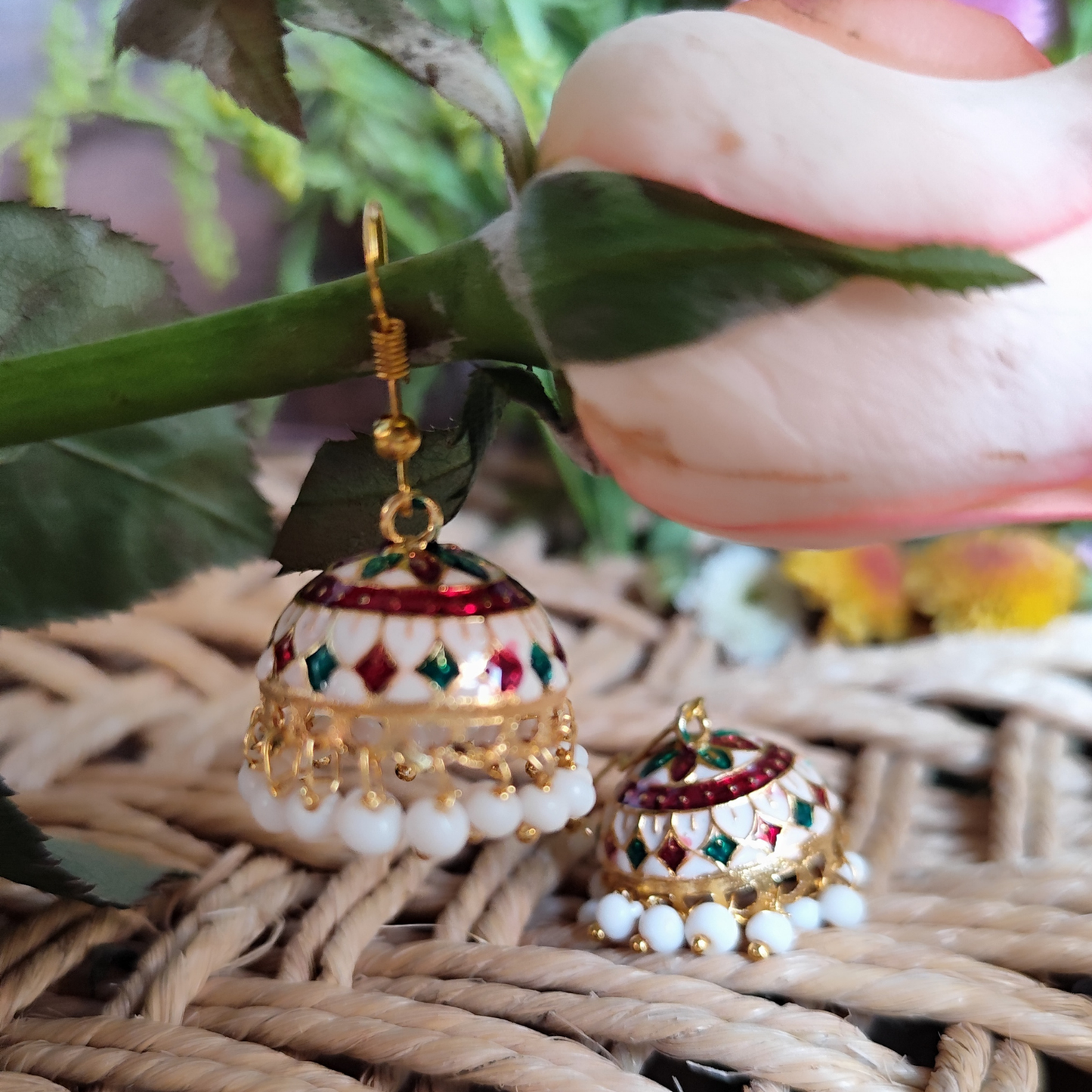 Vibrant Meenakari Jhumki: White, Green, Red for Daily Wear