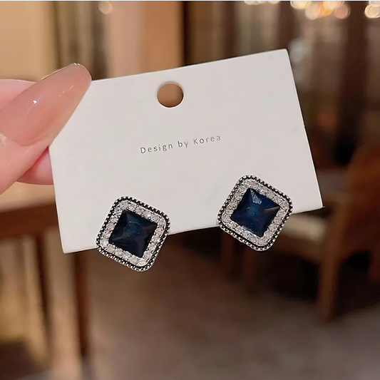 Silver Tone Dark Blue Cubic Zirconia Square Studs